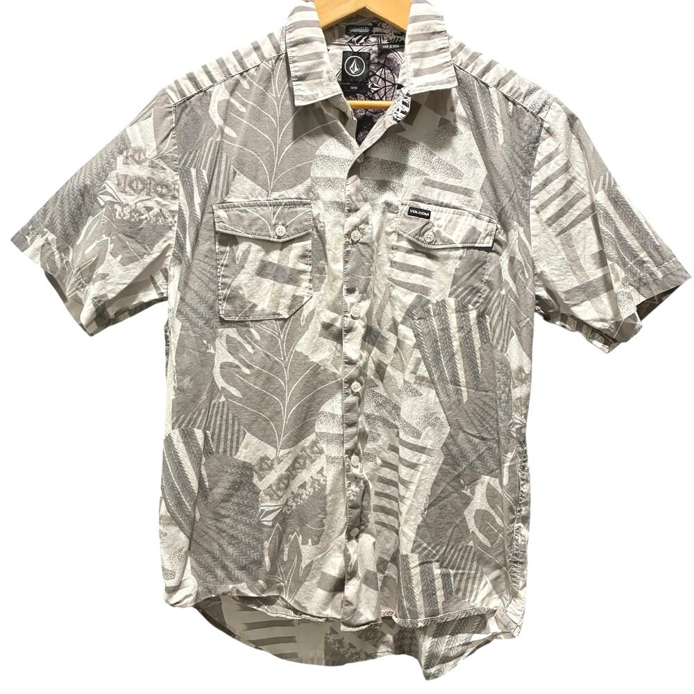 Volcom Button Down Shirt Classic Fit 100% Cotton Gray Off White Mens Size Medium